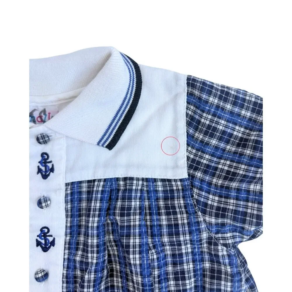 VTG Small Steps Baby Boy Nautical Romper 24M Blue Plaid Button Bubble Shortall